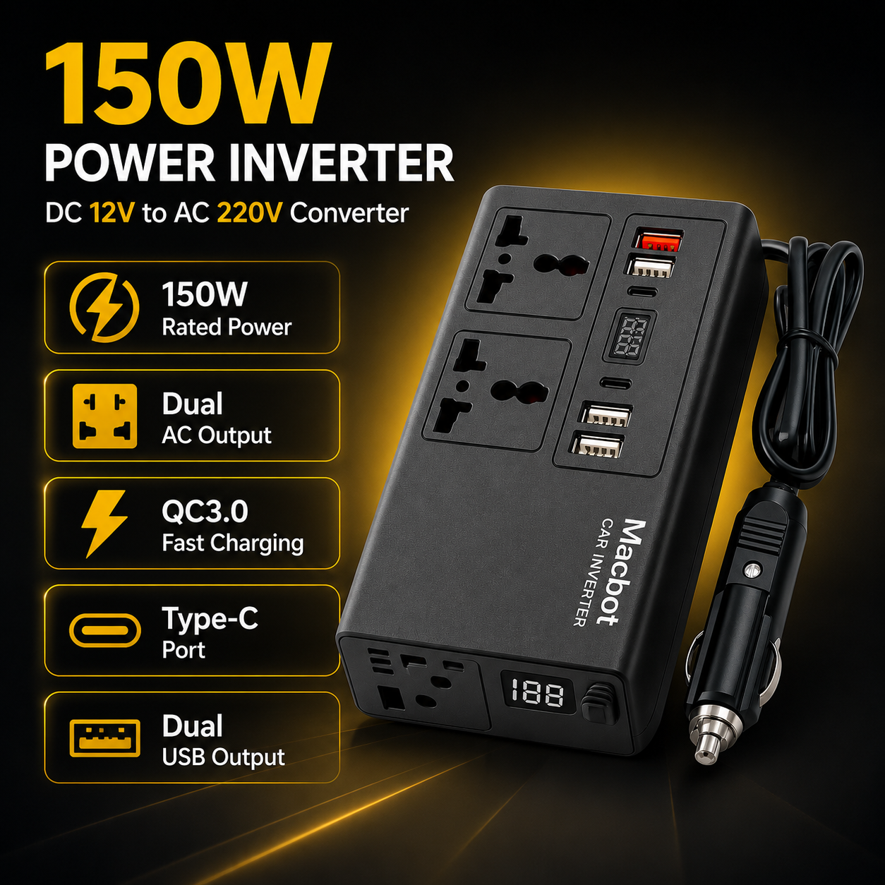 Macbot car power inverter for laptop and electronic devices